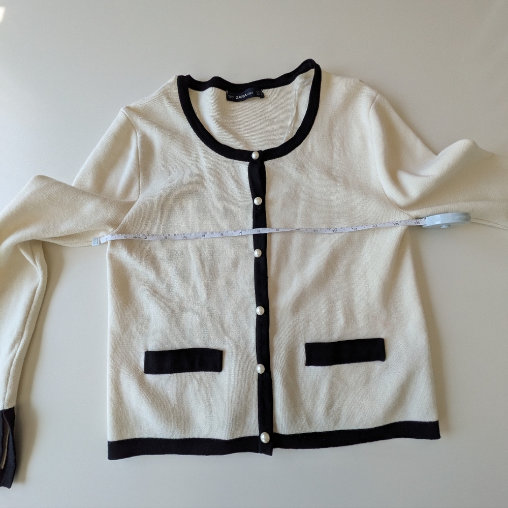Zara Knit Cream Black Contrast Pearl Button Cardigan Sweater Medium - Picture 6 of 11